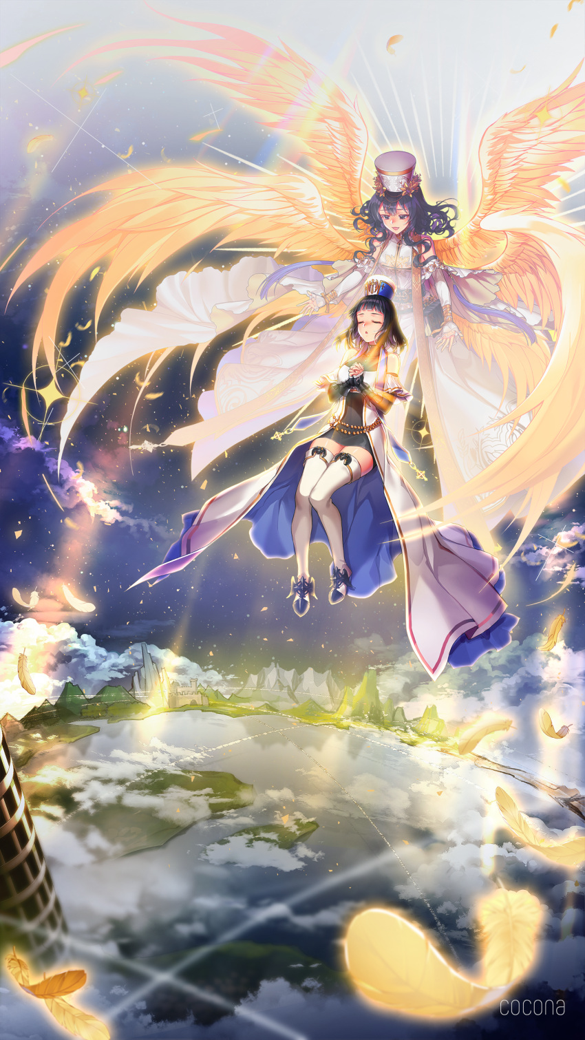 2girls absurdres angel angel_wings artist_name bangs bare_shoulders belly_chain black_dress black_eyes black_hair blann character_request closed_eyes clouds crusader detached_sleeves dress dungeon_and_fighter feathers flying glowing hands_clasped hands_together hat head_chain high_heels highres jewelry light_rays long_hair looking_at_another medium_hair multiple_girls multiple_wings own_hands_together planet praying short_dress smile sparkle tabard thigh-highs white_hat white_legwear wings zettai_ryouiki