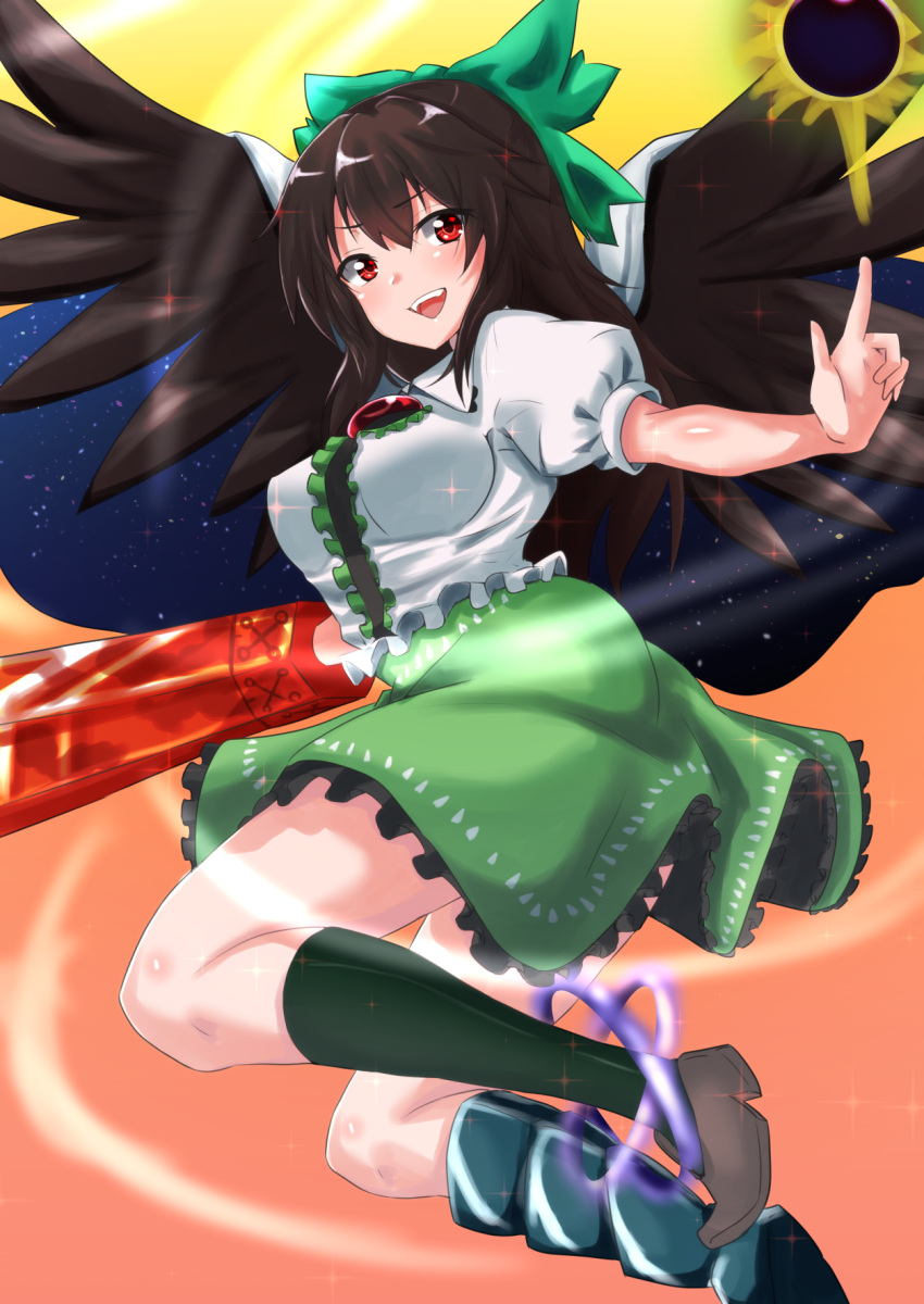 1girl arm_cannon arm_up bird_wings black_hair black_legwear black_wings blouse boots bow breasts brown_footwear cape commentary_request eyebrows_visible_through_hair feathered_wings flying folded_leg green_bow green_skirt hair_between_eyes hair_bow highres index_finger_raised kneehighs light_trail loafers long_hair looking_at_viewer looking_back medium_breasts mismatched_footwear mismatched_legwear mukkushi open_mouth petticoat pink_background puffy_short_sleeves puffy_sleeves red_eyes reiuji_utsuho shoes short_sleeves skirt solo space_print sparkle starry_sky_print sun third_eye touhou two-tone_background upper_teeth very_long_hair weapon white_blouse wings yellow_background