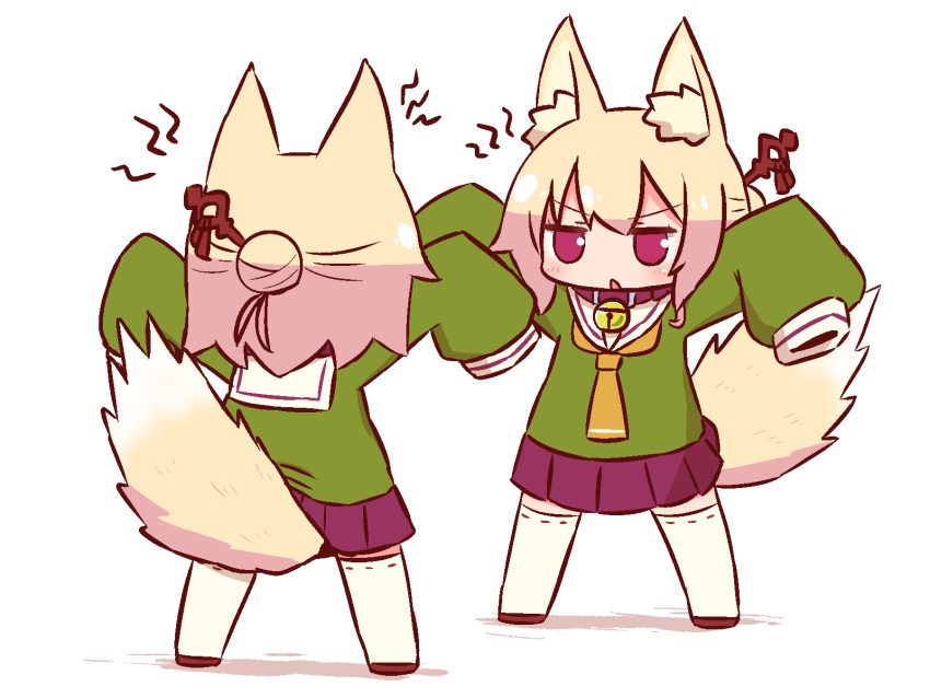 2girls angry animal_ear_fluff animal_ears arms_up bangs bell bell_collar blonde_hair blush brown_collar brown_footwear brown_neckwear clone collar eyebrows_visible_through_hair facing_another fox_ears fox_girl fox_tail green_shirt hair_between_eyes hair_bun hair_ornament highres jingle_bell kemomimi-chan_(naga_u) long_hair long_sleeves looking_at_another multiple_girls naga_u original parted_lips pleated_skirt purple_skirt red_eyes ribbon-trimmed_legwear ribbon_trim sailor_collar shadow shirt skirt sleeves_past_fingers sleeves_past_wrists standing tail tail_raised thigh-highs v-shaped_eyebrows white_background white_legwear white_sailor_collar