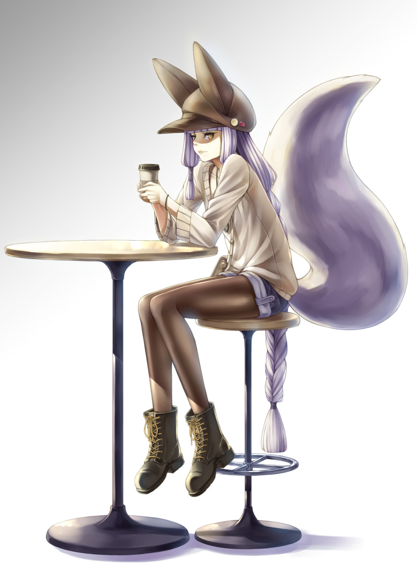 1girl animal_ears animal_hat bangs black_legwear blunt_bangs boots braid closed_mouth cup fox_ears fox_girl fox_tail gradient gradient_background hair_tubes hat highres kazuki_seihou legwear_under_shorts long_hair looking_at_viewer original ouka_(kazuki_seihou) pantyhose shorts silver_hair single_braid sitting solo stool table tail yellow_eyes