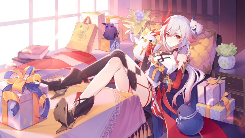 1girl artist_request bangs boots breasts china_dress chinese_clothes closed_mouth dress feathers fu_hua gift gold_trim gradient_hair hair_between_eyes hair_ornament high_heel_boots high_heels highres honkai_(series) honkai_impact_3 indoors legs_crossed legs_on_table long_hair looking_at_viewer low_ponytail medium_breasts multicolored_hair o-ring official_art pelvic_curtain phoenix_(honkai_impact) plant potted_plant red_eyes redhead side_slit sidelocks silver_hair single_thighhigh solo streaked_hair stuffed_animal stuffed_toy table thigh-highs thighlet turquoise_(gemstone) window