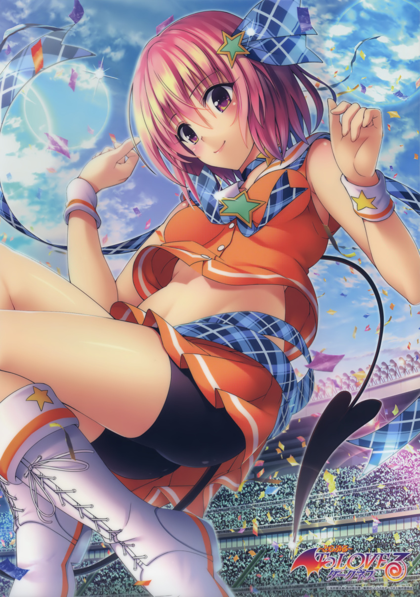 1girl absurdres bike_shorts black_shorts blue_neckwear blue_ribbon blue_sky blush boots breasts clouds copyright_name day demon_tail dress dress_shirt eyebrows_visible_through_hair hair_between_eyes hair_ornament hair_ribbon highres huge_filesize midriff miniskirt momo_velia_deviluke official_art orange_dress orange_skirt outdoors pink_eyes pink_hair pleated_skirt ribbon shirt short_hair short_shorts shorts shorts_under_skirt skirt sky sleeveless sleeveless_shirt small_breasts smile solo star star_hair_ornament star_print stomach tail to_love-ru white_footwear wristband yabuki_kentarou