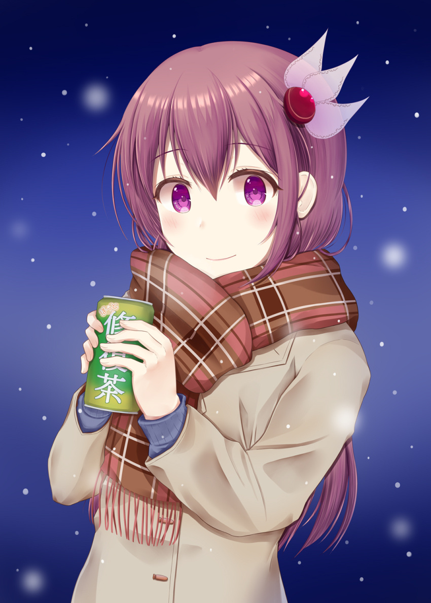 1girl alternate_costume blue_sweater blush brown_coat brown_hair can casual closed_mouth coat eyebrows_visible_through_hair hair_ornament highres holding holding_can kantai_collection kisaragi_(kantai_collection) long_hair long_sleeves looking_at_viewer minakami_mimimi night plaid plaid_scarf red_scarf scarf smile snow solo sweater upper_body violet_eyes