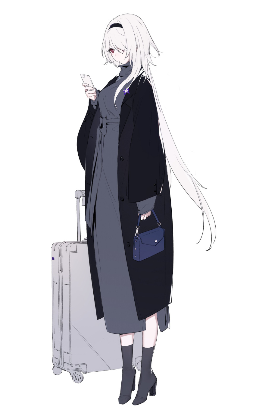 1girl absurdres alternate_costume azur_lane bag boots breasts briefcase cellphone chuzenji coat colorado_(azur_lane) dress hair_ornament hair_over_one_eye hairband handbag highres long_hair phone red_eyes solo white_hair