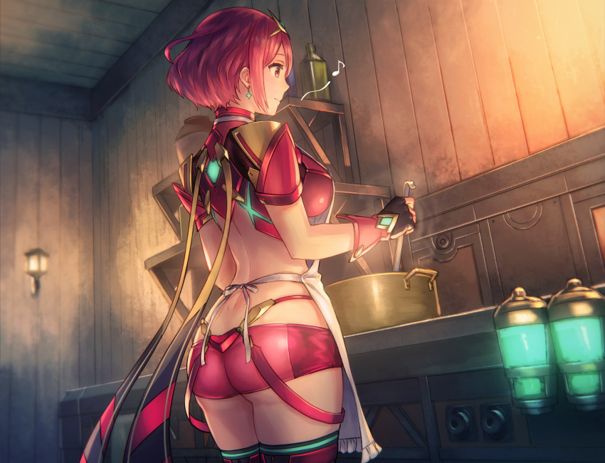 1girl anbe_yoshirou apron ass bangs breasts commentary_request cooking earrings fingerless_gloves from_behind gloves headpiece highres pyra_(xenoblade) humming indoors jewelry kitchen large_breasts nintendo pot red_eyes red_shorts redhead short_hair shorts shoulder_armor smile swept_bangs thigh-highs thighs tiara wooden_wall xenoblade_(series) xenoblade_2