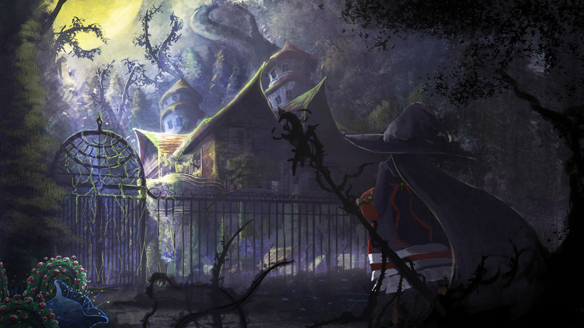 1girl building commentary_request facing_away fantasy fence forest gate hat highres kazu9029-paint long_hair moon nature original outdoors overgrown partial_commentary scenery thorns very_long_hair witch witch_hat