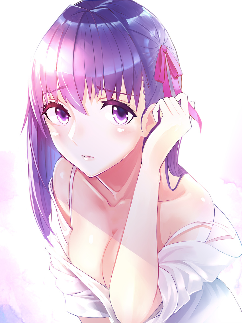 1girl boa_sorte bra breasts cleavage collarbone commentary_request eyebrows_visible_through_hair fate/stay_night fate_(series) hair_ribbon heaven's_feel highres long_hair looking_at_viewer matou_sakura off_shoulder pink_ribbon purple_hair ribbon solo surgical_mask underwear upper_body violet_eyes