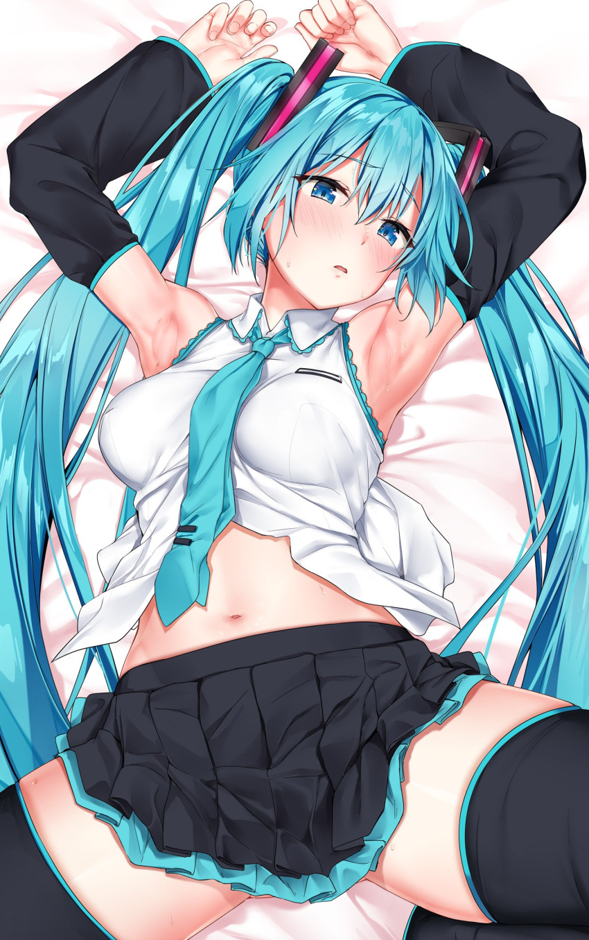 1girl absurdres aqua_hair aqua_neckwear arms_up bangs black_legwear blue_eyes blush boots breasts collared_shirt detached_sleeves grey_skirt hair_between_eyes hair_ornament hatsune_miku head_tilt highres jaku_denpa long_hair looking_at_viewer lying medium_breasts navel necktie on_back open_mouth pleated_skirt pocket shirt sidelocks skindentation skirt sleeveless sleeveless_shirt solo stomach sweat thigh-highs thigh_boots twintails very_long_hair vocaloid white_shirt