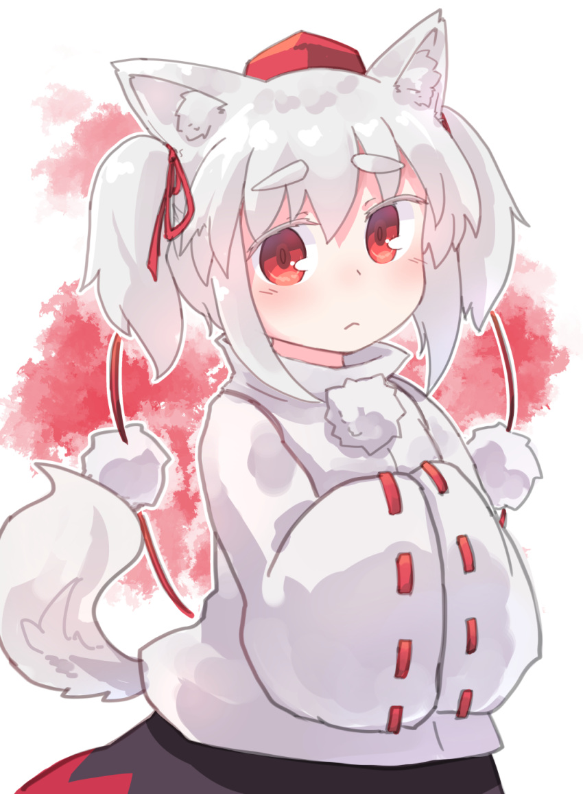 1girl :&lt; animal_ear_fluff animal_ears bangs black_skirt blush closed_mouth colored_eyelashes eyebrows_visible_through_hair grey_hair hair_between_eyes hair_ribbon hands_in_opposite_sleeves hat highres inubashiri_momiji kibisake long_sleeves looking_at_viewer pom_pom_(clothes) red_hat red_ribbon ribbon ribbon-trimmed_sleeves ribbon_trim shirt sidelocks skirt solo tail thick_eyebrows tokin_hat touhou twintails white_shirt wide_sleeves wolf_ears wolf_girl wolf_tail