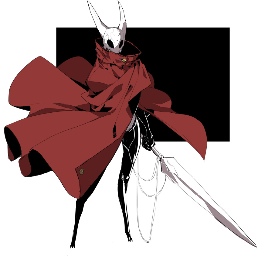 absurdres cloak helmet highres holding holding_sword holding_weapon hollow_knight horned_helmet hornet_(hollow_knight) insect_girl insect_wings makai redesign sword two-tone_background weapon wings