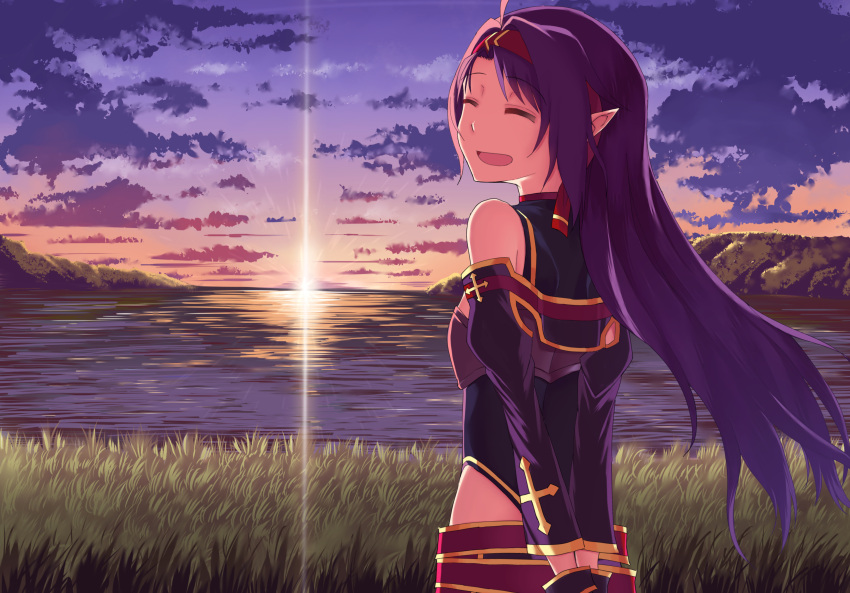 1girl :d ^_^ absurdres ahoge arms_behind_back bare_shoulders black_shirt blush closed_eyes closed_eyes clouds cloudy_sky commentary_request detached_sleeves grass gyahu hairband highres horizon juliet_sleeves long_hair long_sleeves ocean open_mouth outdoors pointy_ears puffy_sleeves purple_hair purple_sleeves red_hairband revision round_teeth shirt sky sleeveless sleeveless_shirt smile solo sunlight sunset sword_art_online teeth upper_teeth very_long_hair water yuuki_(sao)