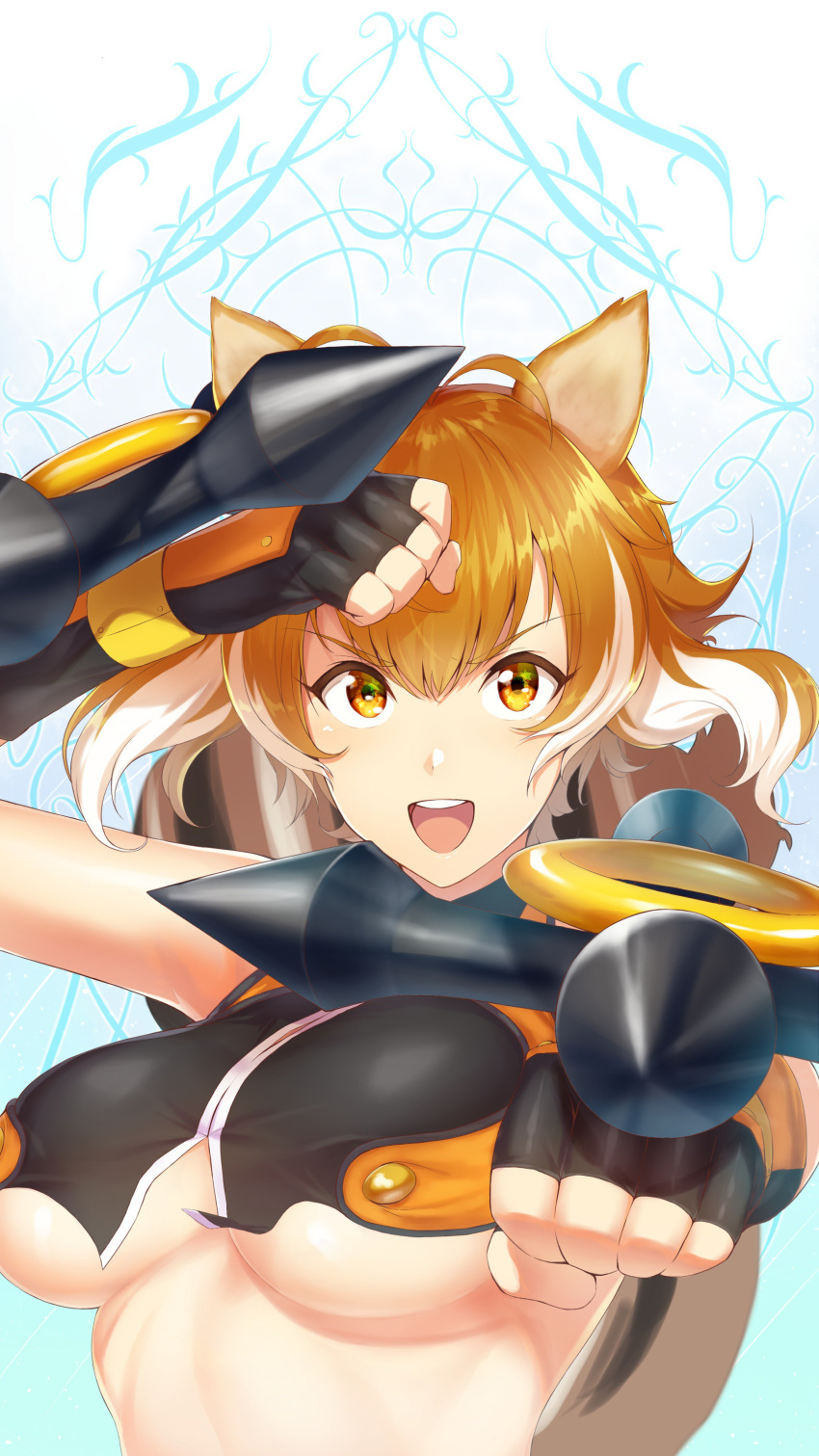 1girl :d absurdres animal_ears antenna_hair blazblue breasts brown_eyes brown_hair cowboy_shot crop_top dual_wielding eyebrows_visible_through_hair fingerless_gloves gloves highres holding large_breasts looking_at_viewer makoto_nanaya multicolored_hair open_mouth purinnssu revealing_clothes serious short_hair simple_background smile solo squirrel_ears squirrel_girl squirrel_tail tail tonfa two-tone_hair under_boob upper_body v-shaped_eyebrows weapon