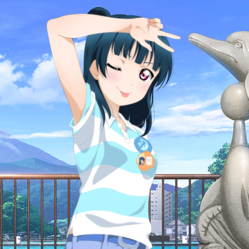 1girl ;p arm_up badge bangs blue_hair button_badge collared_shirt commentary_request day hair_bun highres kuusuke_(yo_suke39) long_hair looking_at_viewer love_live! love_live!_sunshine!! one_eye_closed outdoors railing shirt short_sleeves solo statue striped striped_shirt tongue tongue_out tsushima_yoshiko upper_body violet_eyes w
