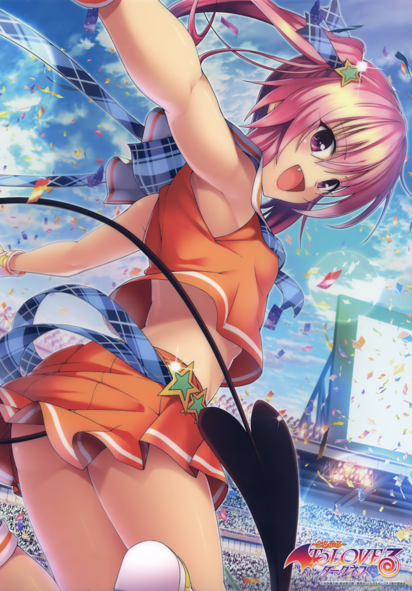 1girl :d absurdres armpits bangs blue_neckwear blue_ribbon blue_sky clouds day demon_tail eyebrows_visible_through_hair floating_hair from_below hair_between_eyes hair_ornament hair_ribbon highres idol legs_up long_hair looking_back midriff miniskirt nana_asta_deviluke open_mouth orange_shirt orange_skirt outdoors pink_eyes pink_hair pleated_skirt ribbon sailor_collar shiny shiny_hair shirt skirt sky sleeveless sleeveless_shirt smile solo stage star star_hair_ornament tail to_love-ru twintails white_sailor_collar wristband yabuki_kentarou