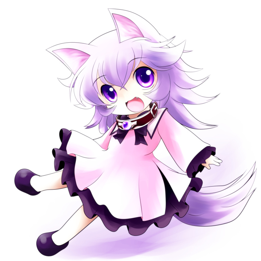 1girl animal_ears child collar fang gradient highres long_sleeves open_mouth original purple_hair short_hair simple_background solo violet_eyes white_background yume_shokunin