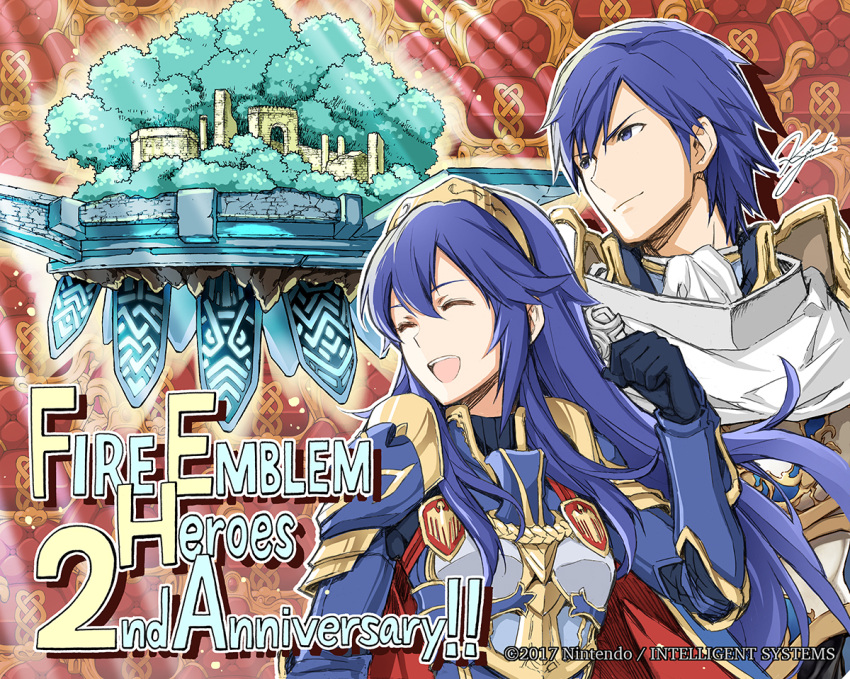1boy 1girl 2017 2019 anniversary armor blue_eyes blue_hair breastplate closed_eyes closed_mouth company_name copyright_name father_and_daughter fire_emblem fire_emblem:_kakusei fire_emblem_heroes gloves intelligent_systems krom long_hair lucina nintendo official_art open_mouth short_hair signature super_smash_bros. super_smash_bros._ultimate throne tiara upper_body yamada_koutarou