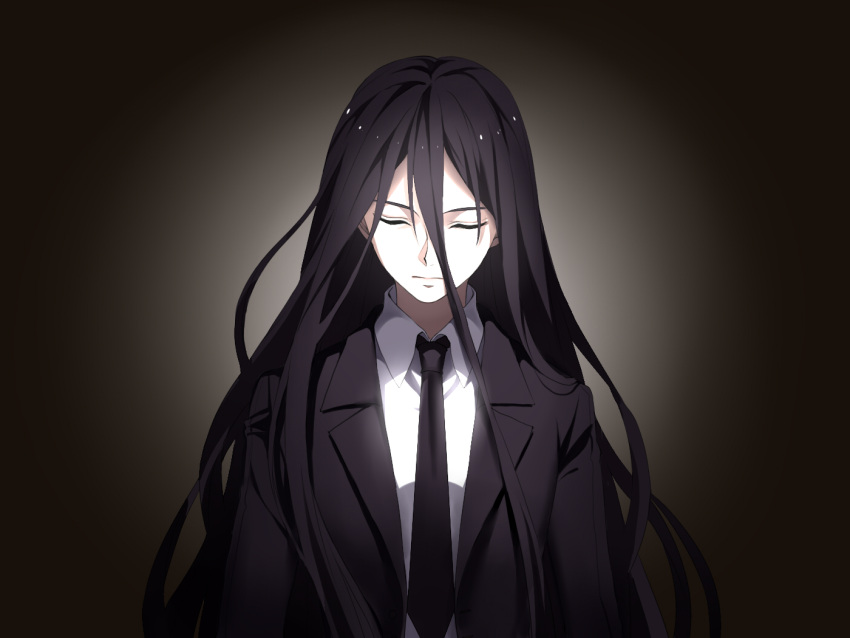 1boy black_hair black_jacket black_neckwear closed_eyes closed_mouth commentary_request dangan_ronpa dangan_ronpa_3 dark_background formal hair_between_eyes jacket kamukura_izuru long_hair male_focus necktie red_eyes shi_er_xian shirt standing suit upper_body very_long_hair white_shirt