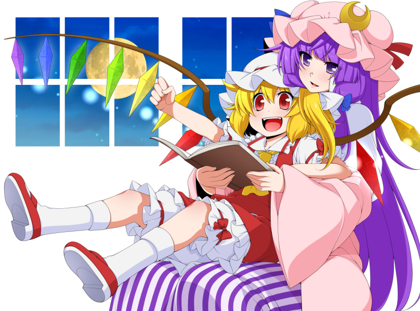 2girls arm_rest arm_up blonde_hair bloomers book clenched_hand commentary_request cravat crescent crescent_hair_ornament crystal double_bun dress eichi_yuu fangs flandre_scarlet full_moon hair_ornament hair_ribbon hat head_on_head head_tilt holding holding_book leg_lift light_particles long_hair long_sleeves looking_away mary_janes mob_cap moon multiple_girls night open_book open_mouth patchouli_knowledge pink_robe purple_hair red_eyes red_footwear red_skirt red_vest ribbon robe shoes short_hair side_ponytail sidelocks sitting sitting_on_lap sitting_on_person skirt socks striped striped_dress touhou tress_ribbon underwear upper_teeth very_long_hair vest violet_eyes white_legwear wings yellow_neckwear
