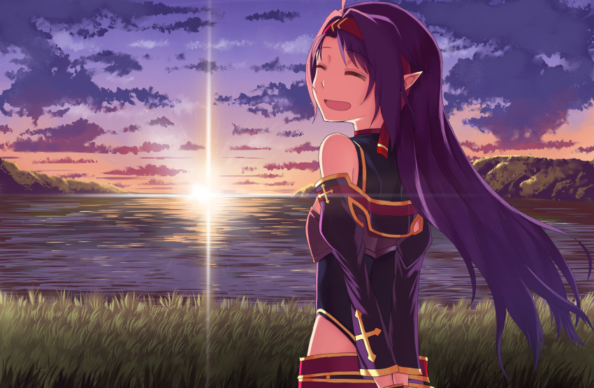 1girl :d ^_^ absurdres ahoge arms_behind_back bare_shoulders black_shirt blush closed_eyes closed_eyes clouds cloudy_sky commentary_request detached_sleeves grass gyahu hairband highres horizon juliet_sleeves long_hair long_sleeves ocean open_mouth outdoors pointy_ears puffy_sleeves purple_hair purple_sleeves red_hairband revision round_teeth shirt sky sleeveless sleeveless_shirt smile solo sunlight sunset sword_art_online teeth upper_teeth very_long_hair water yuuki_(sao)