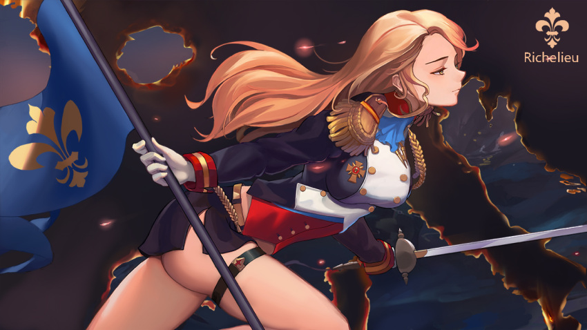 1girl bangs blonde_hair blue_eyes blush braid breasts character_name crown_braid double-breasted epaulettes from_side gloves hair_ornament half-closed_eyes holding holding_sword holding_weapon large_breasts long_hair looking_afar military military_uniform pencil_skirt rapier richelieu_(warship_girls_r) running sidelocks skindentation skirt solo standard_bearer sword thigh-highs thigh_strap thighs uniform warship_girls_r weapon white_gloves wuguno_ziran_juan