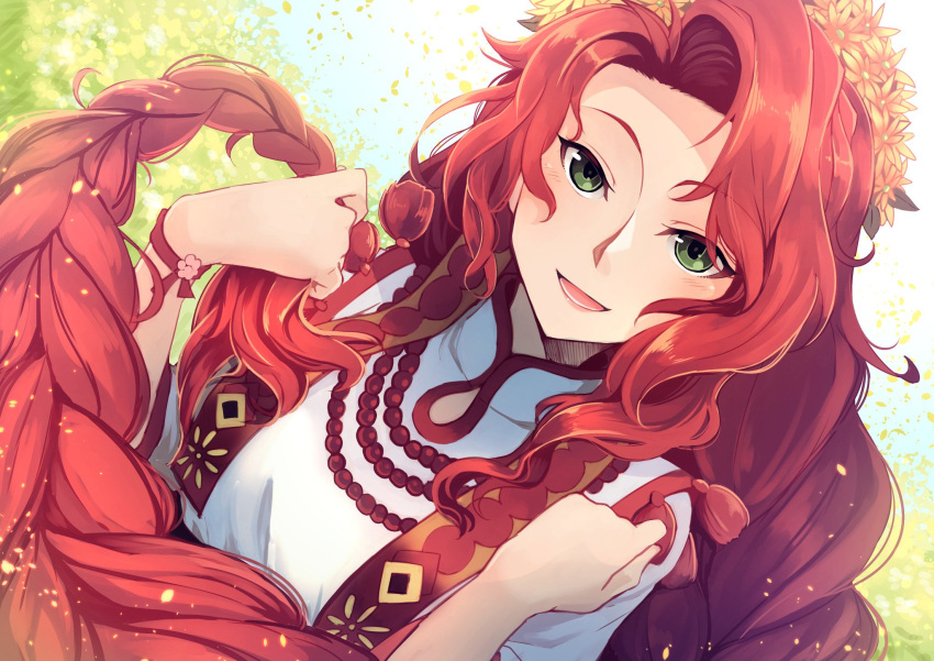 1girl braid dress fire_emblem fire_emblem:_souen_no_kiseki fire_emblem_heroes flower gloves green_eyes hair_flower hair_ornament highres jewelry long_hair looking_at_viewer nakabayashi_zun nintendo redhead smile solo tiamat_(fire_emblem)