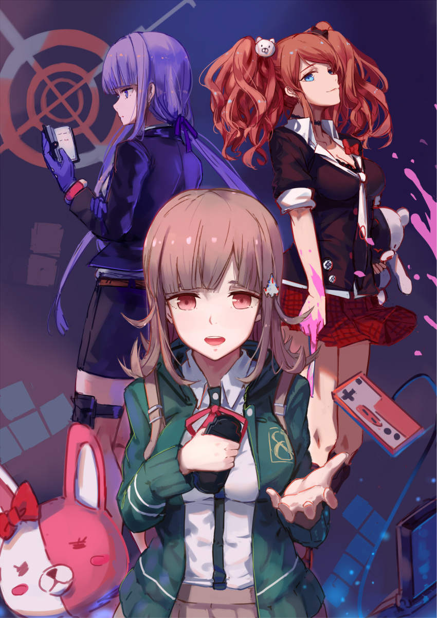 3girls animal_ears backpack bag bare_legs beige_skirt black_gloves blood blue_eyes bow breasts brown_hair cleavage commentary_request controller dangan_ronpa dangan_ronpa_1 dangan_ronpa_3 ear_ribbon enoshima_junko flipped_hair game_controller gloves hair_ornament hair_ribbon hairclip handheld_game_console hfp~kubiao highres holding holding_knife jacket kirigiri_kyouko knife large_breasts long_hair looking_at_viewer looking_to_the_side monokuma monomi_(dangan_ronpa) multiple_girls nanami_chiaki necktie notebook open_mouth pink_blood pink_eyes pink_hair pink_ribbon plaid plaid_skirt pleated_skirt purple_hair red_ribbon red_skirt ribbon school_uniform shirt short_hair skirt sleeves_rolled_up smile super_dangan_ronpa_2 twintails two-tone_neckwear two-tone_skin upper_body violet_eyes