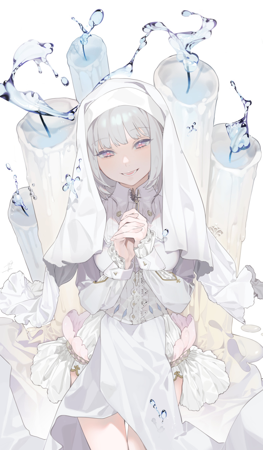 1girl absurdres bangs candle commentary_request cowboy_shot eyebrows_visible_through_hair grey_hair habit hands_clasped head_tilt highres interlocked_fingers long_sleeves looking_at_viewer nun ohisashiburi open_mouth original own_hands_together solo standing teeth water white_background