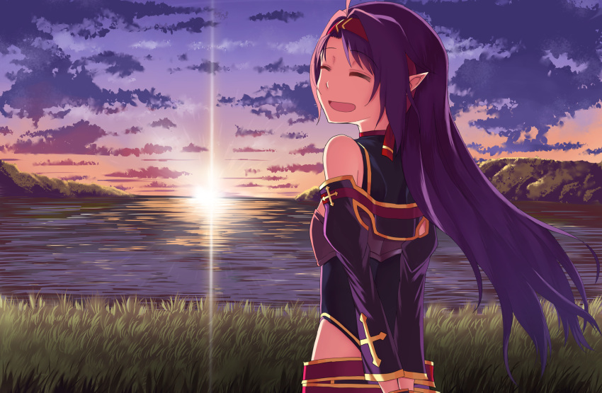 1girl :d ^_^ absurdres ahoge arms_behind_back bare_shoulders black_shirt blush closed_eyes closed_eyes clouds cloudy_sky commentary_request detached_sleeves grass gyahu hairband highres horizon juliet_sleeves long_hair long_sleeves ocean open_mouth outdoors pointy_ears puffy_sleeves purple_hair purple_sleeves red_hairband revision round_teeth shirt sky sleeveless sleeveless_shirt smile solo sunlight sunset sword_art_online teeth upper_teeth very_long_hair water yuuki_(sao)