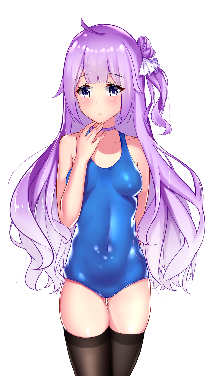 1girl absurdres ahoge azur_lane black_legwear blue_eyes blue_swimsuit breasts choker collarbone cowboy_shot eyebrows_visible_through_hair floating_hair gradient_hair highres long_hair lumu_yuanxiang multicolored_hair purple_hair school_swimsuit shiny shiny_hair side_ponytail simple_background skin_tight small_breasts solo standing swimsuit thigh-highs thigh_gap unicorn_(azur_lane) very_long_hair white_background