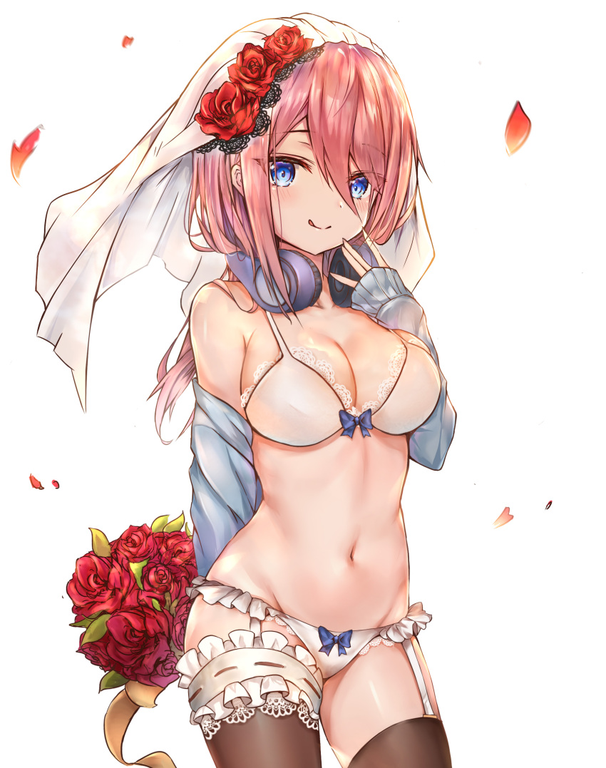1girl :q absurdres bangs bare_shoulders blue_cardigan blue_eyes blush bouquet bra brown_legwear closed_mouth cowboy_shot flower frilled_panties frills garter_straps go-toubun_no_hanayome groin hair_between_eyes hair_flower hair_ornament hand_up headphones headphones_around_neck highres holding holding_bouquet lace lace-trimmed_bra lace-trimmed_panties leg_garter long_hair long_sleeves looking_at_viewer luminous nakano_miku navel off_shoulder panties petals pink_hair red_flower rose sidelocks simple_background sleeves_past_wrists smile solo standing stomach thigh-highs tongue tongue_out underwear veil white_background white_bra white_panties