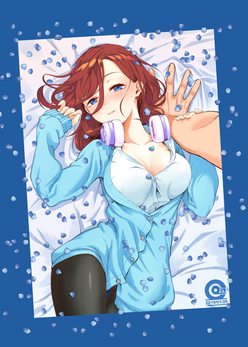 1boy 1girl bed_sheet black_legwear blue_cardigan blue_eyes blush breasts brown_hair cleavage coin44 collared_shirt commentary_request go-toubun_no_hanayome hair_between_eyes headphones headphones_around_neck highres holding_another's_arm large_breasts long_hair looking_at_viewer lying nakano_miku on_back outstretched_arm pantyhose parted_lips petals shirt sleeves_past_wrists solo_focus sweatdrop unbuttoned white_shirt