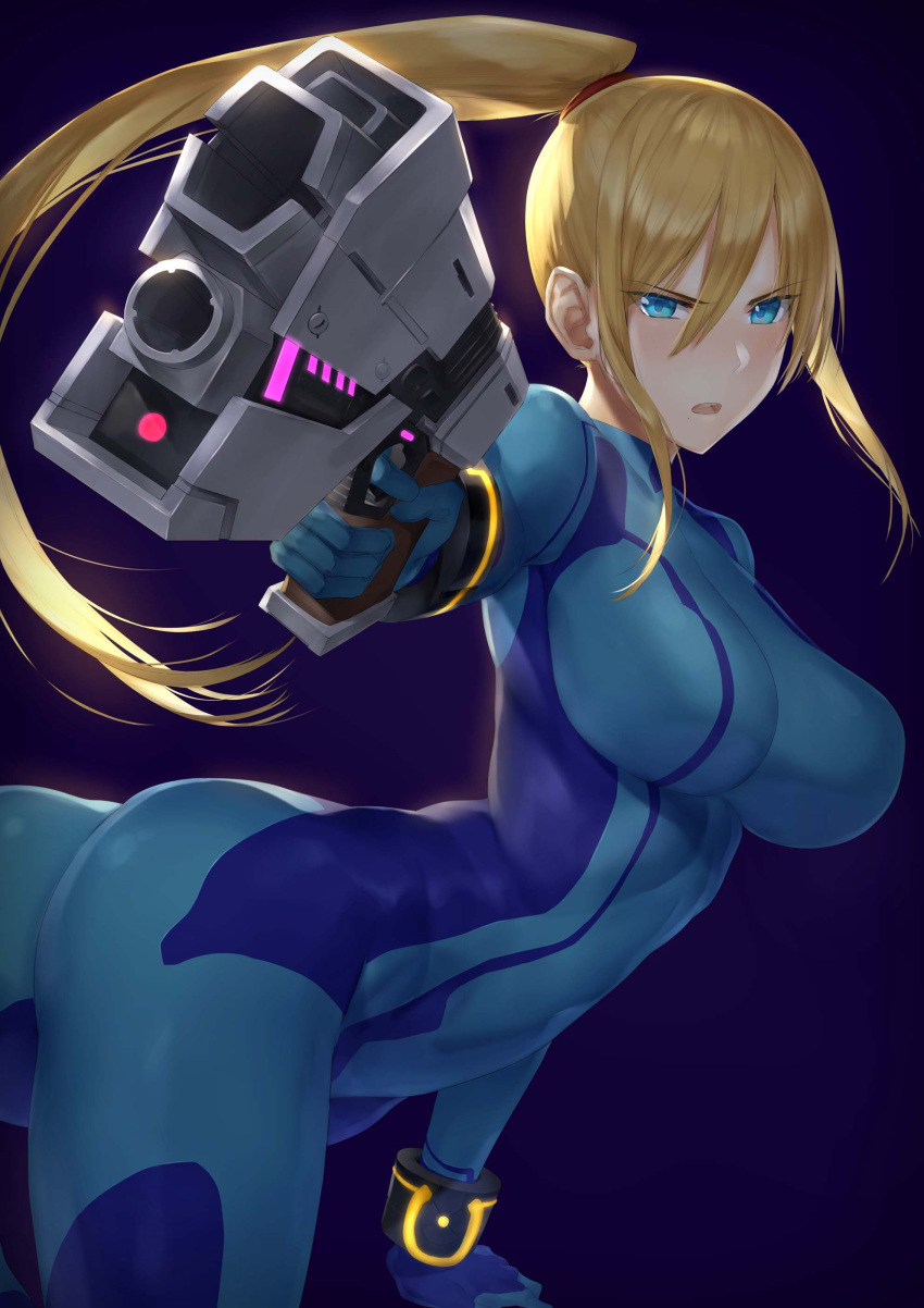 1girl absurdres aiming_at_viewer akitaka_akita ass blonde_hair blue_eyes bodysuit bracelet breasts contrapposto covered_navel cowboy_shot dutch_angle finger_on_trigger foreshortening gun handgun high_ponytail highres impossible_bodysuit impossible_clothes jewelry large_breasts long_hair metroid mole mole_under_mouth nintendo open_mouth samus_aran simple_background solo weapon zero_suit