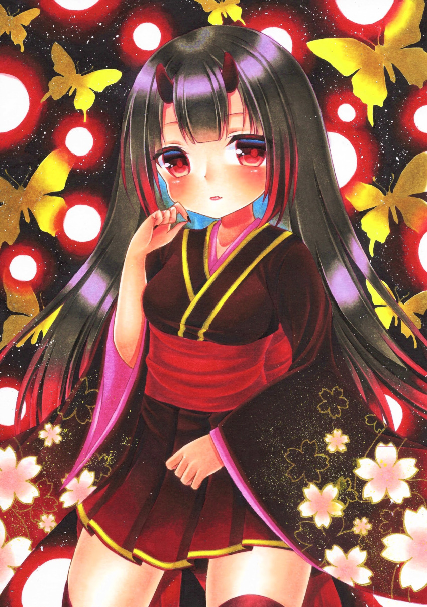 1girl absurdres bangs black_hair black_kimono black_nails breasts bug butterfly collarbone commentary_request cowboy_shot eyebrows_behind_hair fang fingernails hand_up highres horns insect japanese_clothes kimono kimono_skirt long_hair long_sleeves looking_at_viewer marker_(medium) mirai_(happy-floral) nail_polish obi oni oni_horns original parted_lips red_eyes sash sleeves_past_wrists small_breasts solo traditional_media very_long_hair wide_sleeves