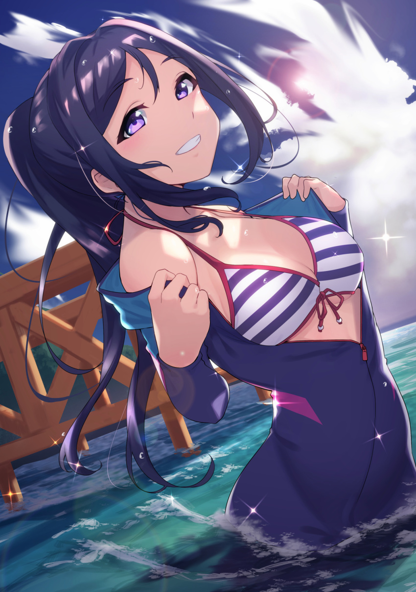 1girl arched_back bare_shoulders bikini blue_hair blurry blush braid breasts cleavage clouds cloudy_sky commentary_request day depth_of_field dutch_angle halter_top halterneck high_ponytail highres long_hair looking_at_viewer love_live! love_live!_sunshine!! matsuura_kanan medium_breasts midriff navel open_clothes outdoors parted_lips ponytail sky striped striped_bikini sunlight swimsuit under_boob unzipped violet_eyes wading water yamaori_(yamaorimon)