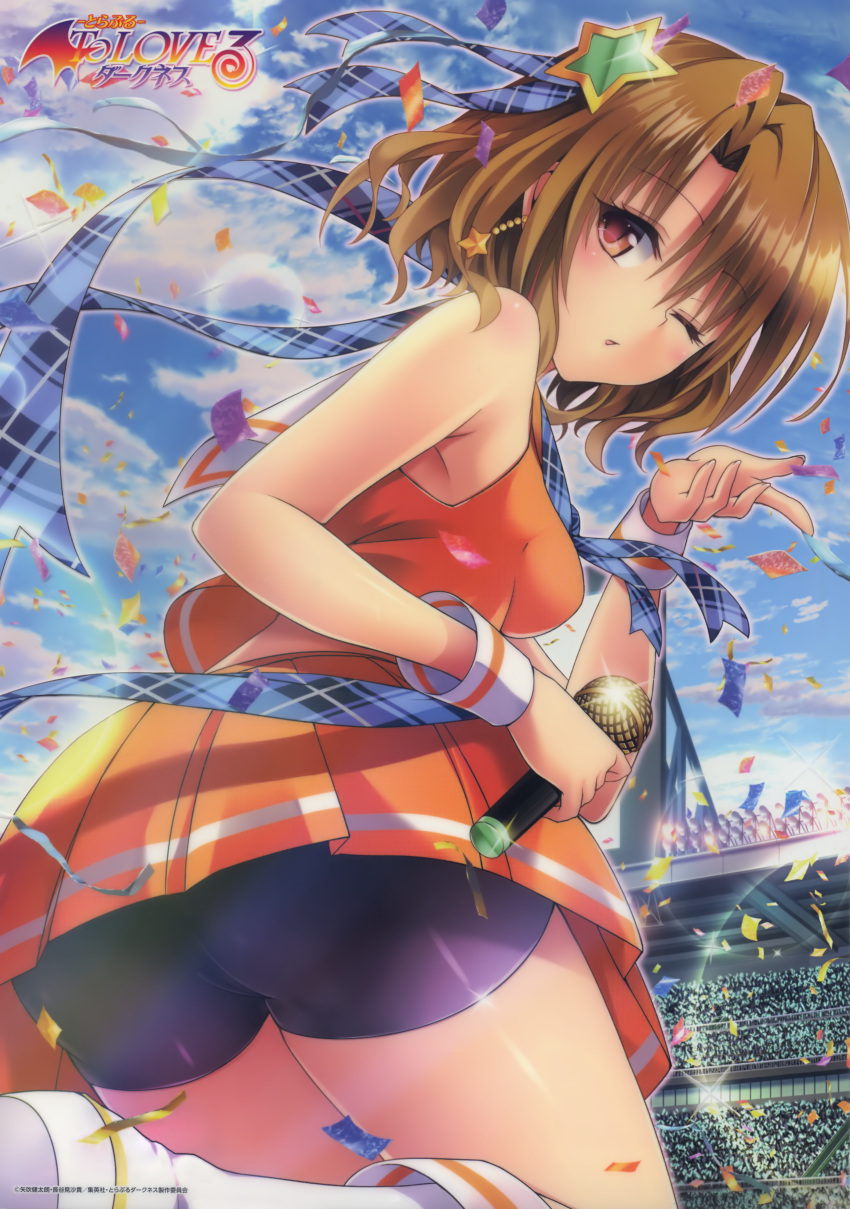 1girl absurdres bike_shorts black_shorts boots breasts brown_eyes brown_hair copyright_name from_behind highres holding holding_microphone idol index_finger_raised leg_up lens_flare looking_back medium_breasts microphone miniskirt momioka_risa official_art one_eye_closed open_mouth orange_shirt orange_skirt pleated_skirt shiny shiny_clothes shirt short_hair short_shorts shorts shorts_under_skirt skirt sleeveless sleeveless_shirt solo standing standing_on_one_leg to_love-ru white_footwear wrist_cuffs yabuki_kentarou