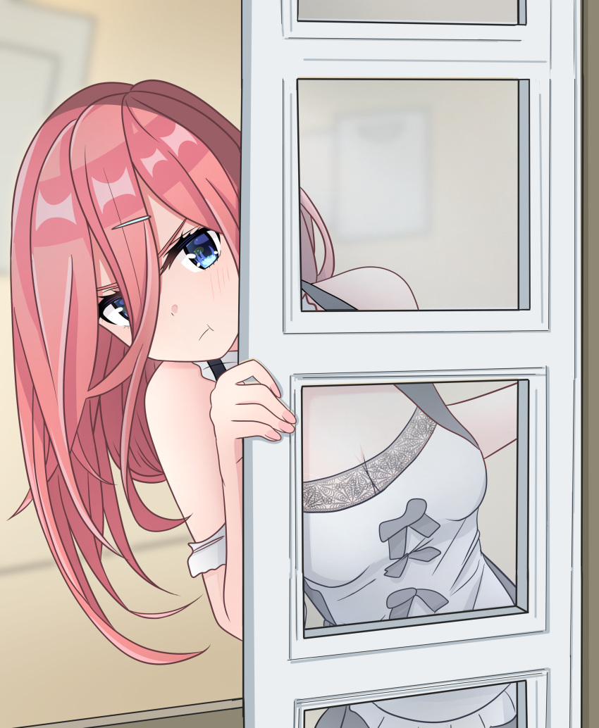 1girl absurdres bangs bare_shoulders blue_eyes blush breasts closed_mouth fingernails go-toubun_no_hanayome hair_between_eyes hand_on_window highres long_hair looking_at_viewer mahdi maid maid_dress medium_breasts nail_polish nakano_miku peeking pink_nails pout redhead shiny shiny_hair sleeveless solo