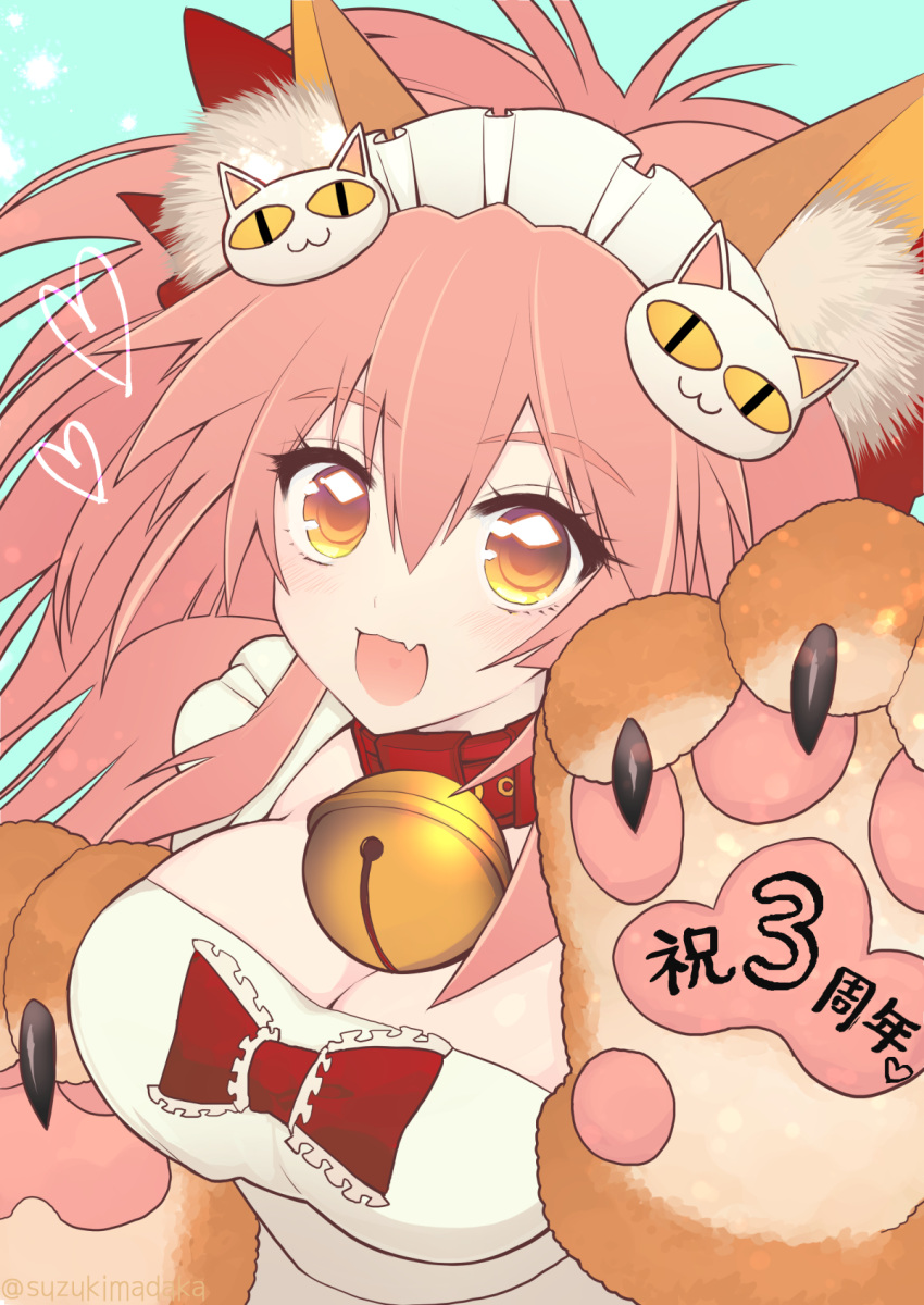 1girl animal_ear_fluff animal_ears apron bell bell_collar blue_background blush breasts cat_hair_ornament cat_paws cleavage collar fangs fate/grand_order fate_(series) fox_ears fox_girl gloves hair_ornament hair_ribbon heart highres jingle_bell large_breasts long_hair looking_at_viewer maid_headdress naked_apron open_mouth paw_gloves paws pink_hair ponytail red_ribbon ribbon simple_background solo suzukimadaka tamamo_(fate)_(all) tamamo_cat_(fate) yellow_eyes