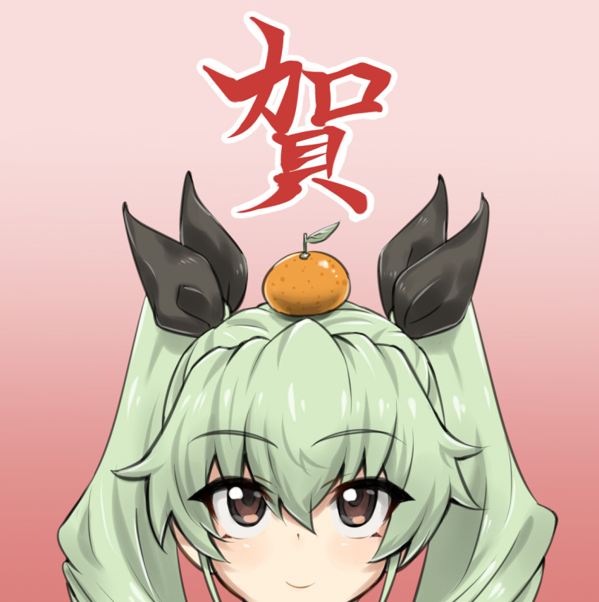 1girl anchovy bangs black_eyes black_ribbon eyebrows_visible_through_hair face food food_on_head fruit fruit_on_head girls_und_panzer gradient gradient_background green_hair hair_between_eyes hair_ribbon high_lan highres kagami_mochi long_hair looking_up mandarin_orange new_year object_on_head ribbon smile solo twintails