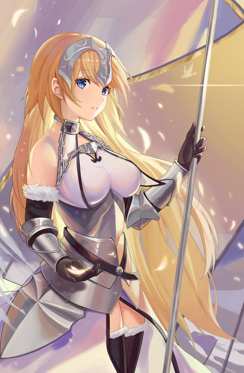 1girl armor armored_dress bangs bare_shoulders black_gloves black_legwear blonde_hair blue_eyes breasts chains commentary_request dress elbow_gloves eyebrows_visible_through_hair fate/grand_order fate_(series) feathers flag fur-trimmed_gloves fur-trimmed_legwear fur_trim gloves glowing hair_between_eyes headpiece highres holding holding_flag jeanne_d'arc_(fate) jeanne_d'arc_(fate)_(all) loading_(vkjim0610) long_hair looking_at_viewer medium_breasts parted_lips plackart sleeveless sleeveless_dress solo standard_bearer thigh-highs very_long_hair white_dress white_flag