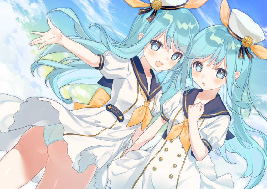 2girls ass back_bow bangs black_sailor_collar blue_eyes blue_hair blue_panties blue_sky bow clouds cloudy_sky cona_kinaco day dress dutch_angle eyebrows_visible_through_hair gradient_sky green_sky hand_up hat highres long_hair multiple_girls near_(sound_voltex) neckerchief noah_(sound_voltex) orange_bow orange_neckwear outdoors panties puffy_short_sleeves puffy_sleeves sailor_collar sailor_dress sailor_hat short_eyebrows short_sleeves siblings sisters sky sound_voltex thick_eyebrows tilted_headwear twins underwear very_long_hair white_dress white_hat