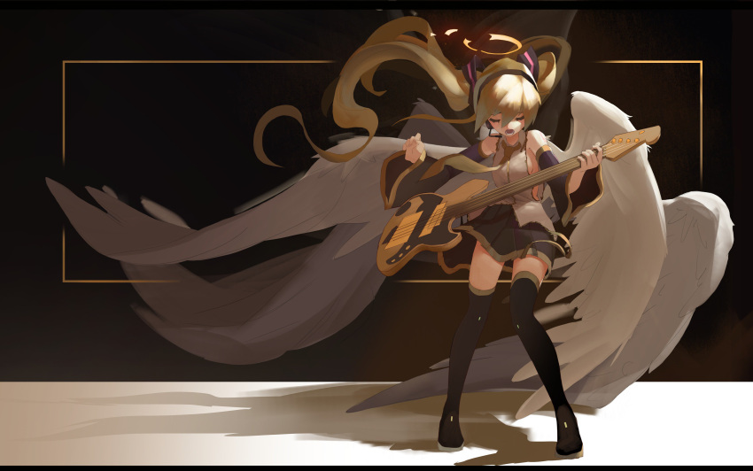 1girl absurdres black_footwear black_skirt blonde_hair boots closed_eyes detached_sleeves electric_guitar feathered_wings full_body guitar halo hatsune_miku highres holding holding_instrument instrument long_hair music open_mouth pleated_skirt singing skirt solo thigh-highs thigh_boots topdylan twintails very_long_hair vocaloid white_wings wind wings zettai_ryouiki