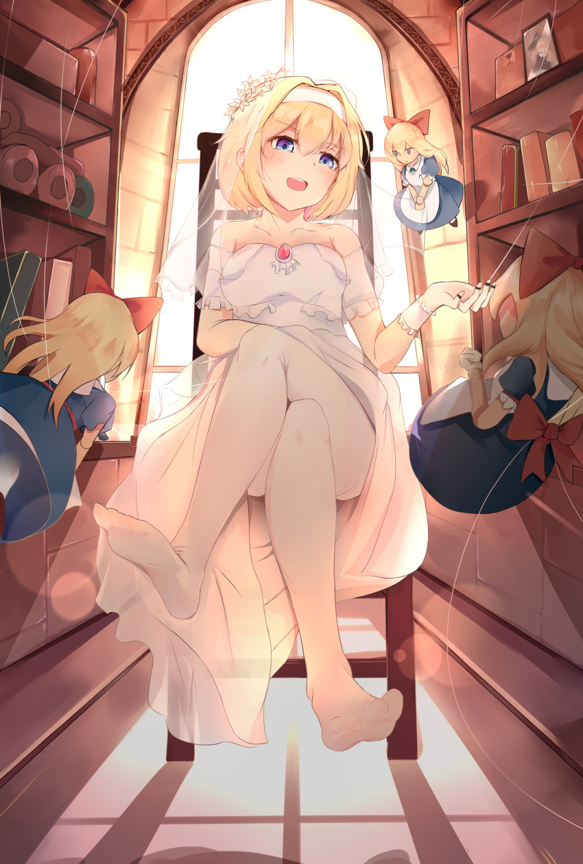 absurdres alice_margatroid blonde_hair blue_eyes book bookshelf bridal_veil brooch chair dleung doll doll_joints dress hair_ornament hairband hat highres jewelry kirisame_marisa legs_crossed pantyhose photo_(object) ring shanghai_doll short_hair sitting string touhou veil wedding_dress white_legwear witch_hat