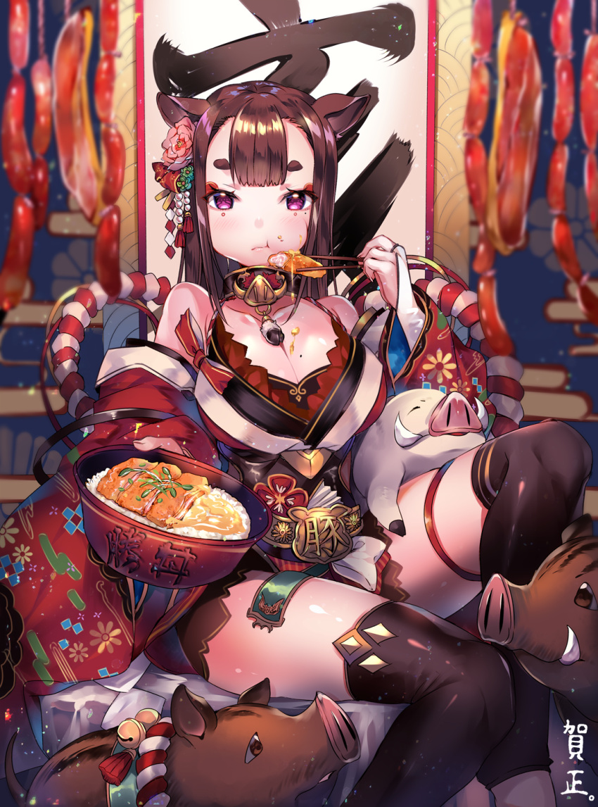 1girl animal animal_ears bangs bare_shoulders bell bike_shorts black_legwear blush boar boar_ears bowl breasts bridal_gauntlets brown_hair chinese_zodiac chopsticks cleavage closed_mouth collarbone commentary_request detached_sleeves eating flower food food_on_breasts food_on_face hair_flower hair_ornament highres japanese_clothes jingle_bell large_breasts lips long_hair long_sleeves looking_at_viewer messy mole mole_under_eye new_year obi original rice rope sash sausage shimenawa short_eyebrows sitting thigh-highs thigh_strap usagihime violet_eyes year_of_the_pig