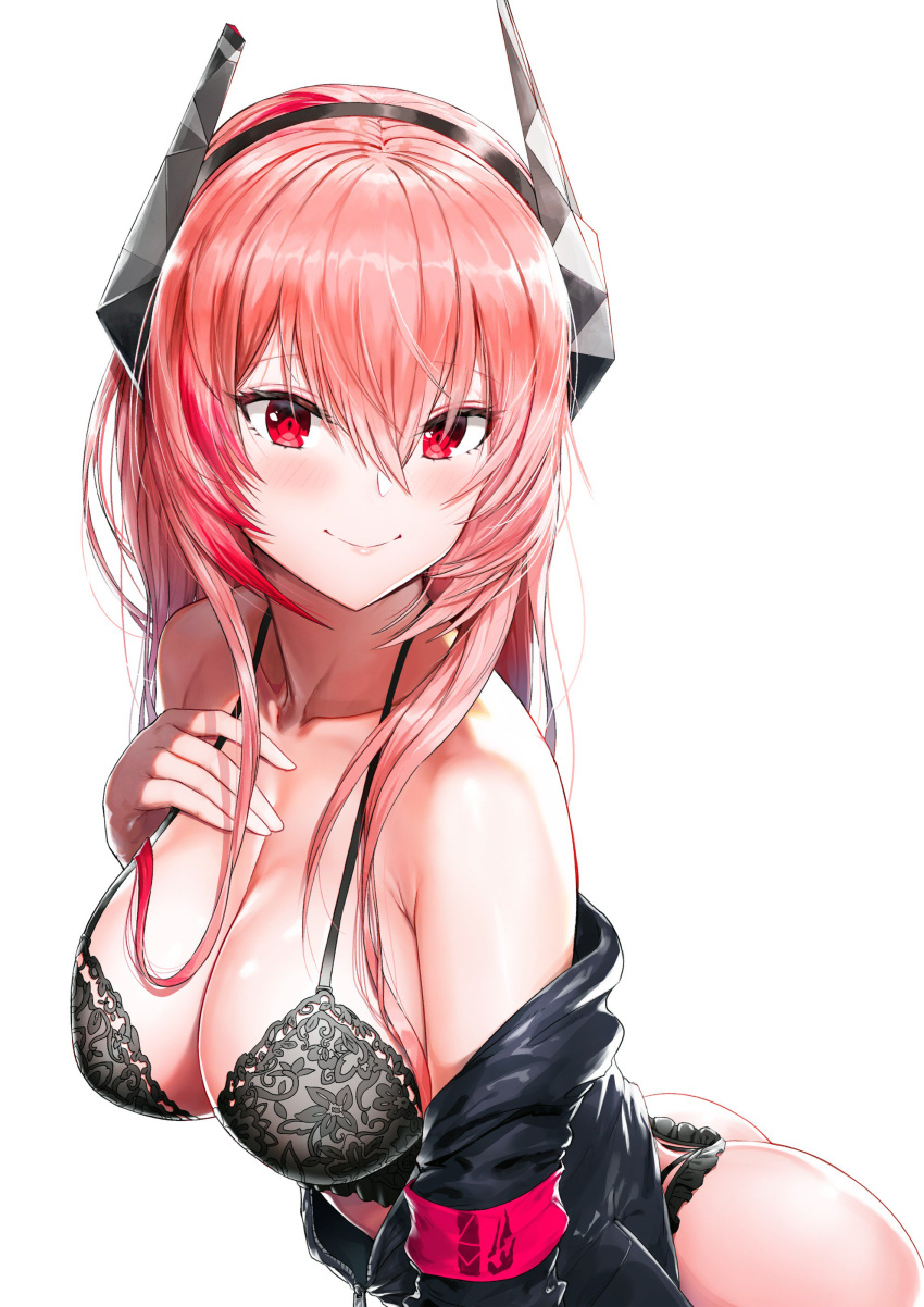 1girl absurdres armband ass bangs bare_shoulders black_bra black_jacket black_panties blush bra breasts cleavage collarbone eyebrows_visible_through_hair girls_frontline greem_bang hair_between_eyes hand_up headgear highres jacket large_breasts lingerie long_hair looking_at_viewer m4_sopmod_ii_(girls_frontline) multicolored_hair off_shoulder panties partially_unzipped pink_hair red_eyes redhead sidelocks simple_background smile solo streaked_hair underwear white_background zipper