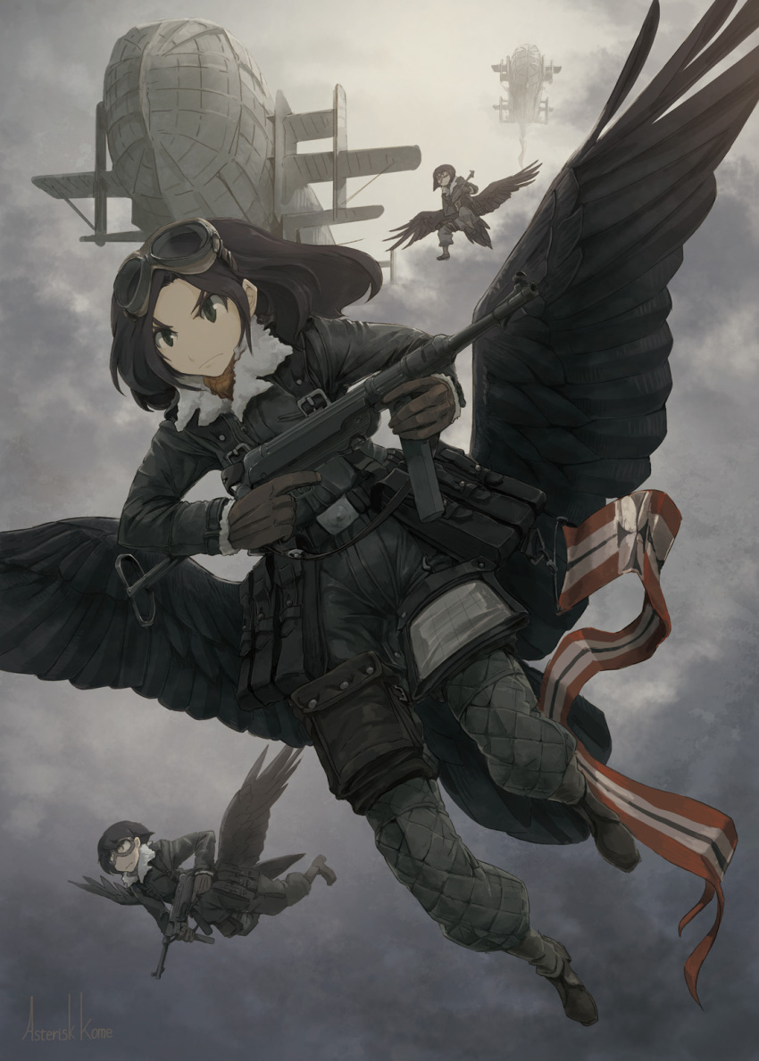 aircraft airship ammunition_pouch asterisk_kome boots clouds dirigible flag flying fur_collar gloves goggles goggles_on_head gun highres jacket military military_uniform mp40 multiple_girls original pilot_suit pouch short_hair sky streamers submachine_gun uniform weapon winged_fusiliers wings