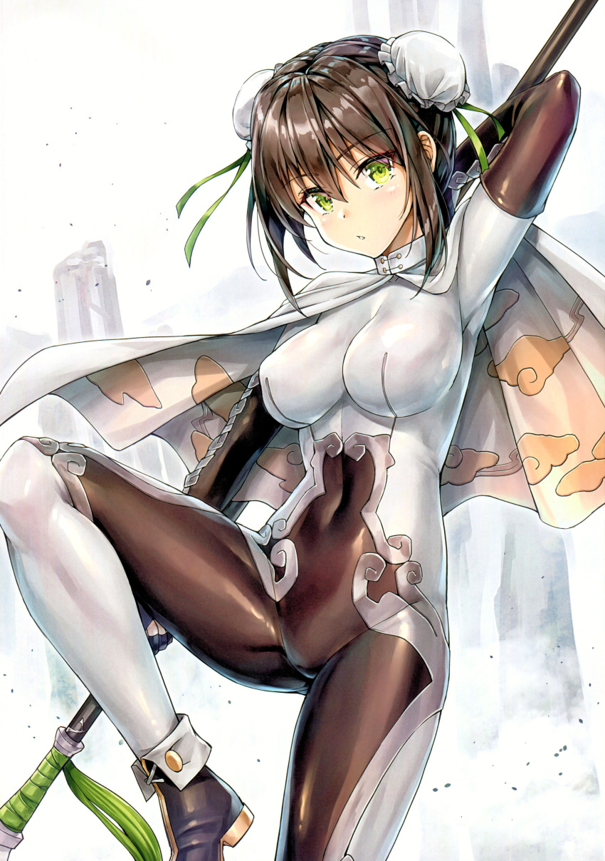 1girl absurdres arm_behind_head bangs black_hair blush bodysuit breasts bun_cover cape chinese_clothes covered_navel double_bun eyebrows_visible_through_hair fate/grand_order fate_(series) fingerless_gloves gloves green_eyes green_ribbon hair_between_eyes hair_ribbon highres holding_polearm kotatsu_(kotatsu358) leg_up looking_at_viewer medium_breasts outdoors parted_lips pose qin_liangyu_(fate) ribbon scan shoes solo white_bodysuit white_cape