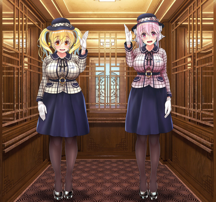 2girls aqua_eyes blonde_hair blush breasts elevator elevator_girl full_body gloves hat headphones highres large_breasts long_hair looking_at_viewer multicolored_hair multiple_girls nitroplus open_mouth orange_eyes pantyhose pink_eyes pink_hair plump smile standing super_pochaco super_sonico twintails two-tone_hair uniform v-mag virtual_youtuber white_gloves
