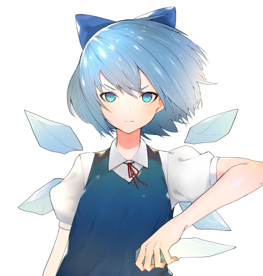 1girl absurdres bangs blue_eyes blue_hair blush bow cirno closed_mouth ddari dress fairy_wings hair_bow highres holding ice ice_wings looking_at_viewer puffy_short_sleeves puffy_sleeves red_ribbon ribbon short_hair short_sleeves simple_background solo touhou upper_body white_background wings