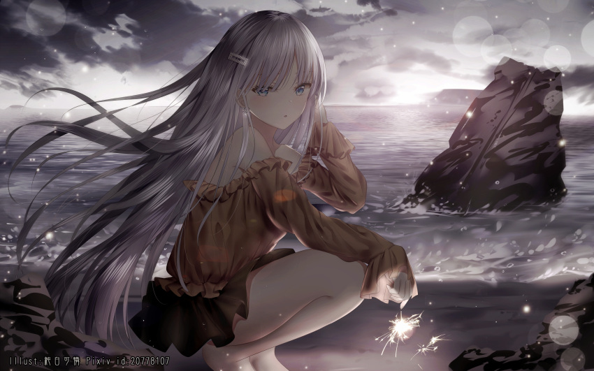 1girl :o absurdres anastasia_(fate/grand_order) bangs bare_shoulders beach black_skirt blue_eyes blush brown_shirt clouds cloudy_sky earrings eyebrows_visible_through_hair fate/grand_order fate_(series) fireworks hand_up highres horizon jewelry junpaku_karen long_hair long_sleeves looking_at_viewer looking_to_the_side night night_sky ocean off-shoulder_shirt off_shoulder parted_lips pixiv_id pleated_skirt sand senkou_hanabi shirt silver_hair skirt sky sleeves_past_wrists solo sparkler squatting very_long_hair