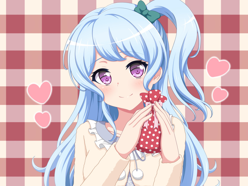 1girl bag bang_dream! bangs blush bow commentary_request furou gift_bag green_bow hair_bow heart highres holding holding_bag jacket long_hair long_sleeves looking_at_viewer matsubara_kanon one_side_up plaid plaid_background pom_pom_(clothes) sidelocks smile solo upper_body valentine violet_eyes yellow_jacket